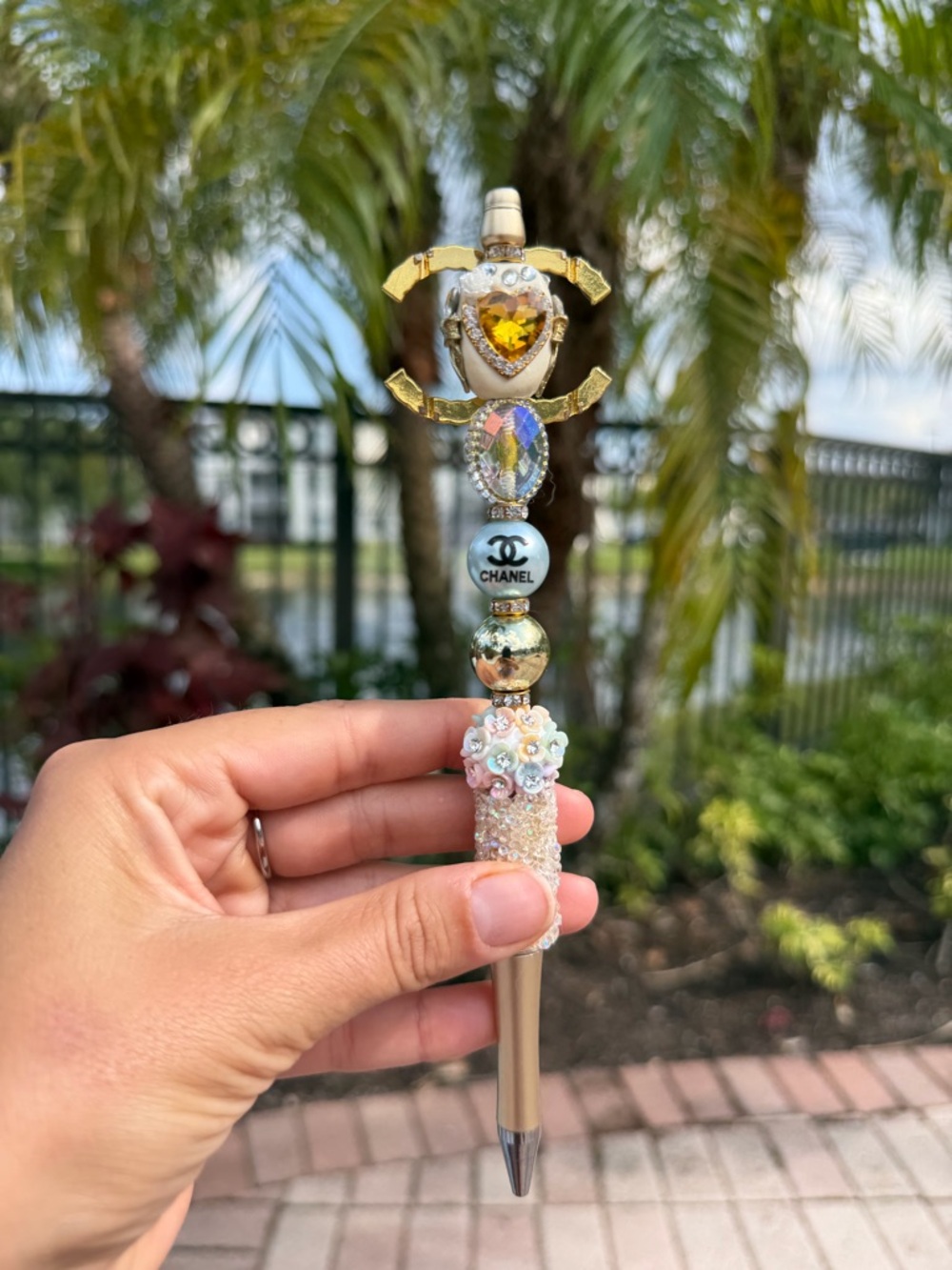 CHANEL Gold Logo Crystal & Pearl Embellished Pen with Pastel Floral Accents - Picture 2 of 2